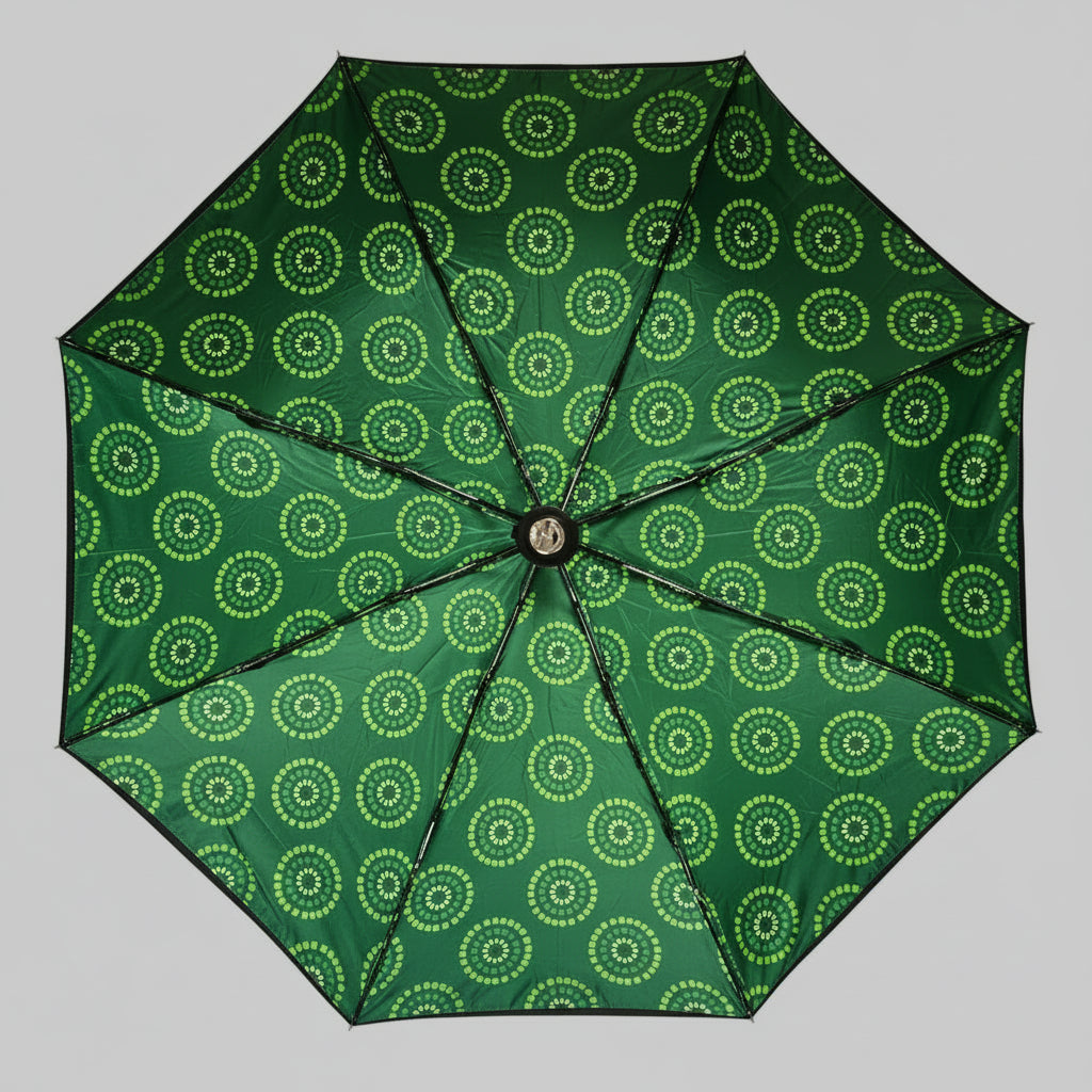 Green umbrella with circular pattern on a white background