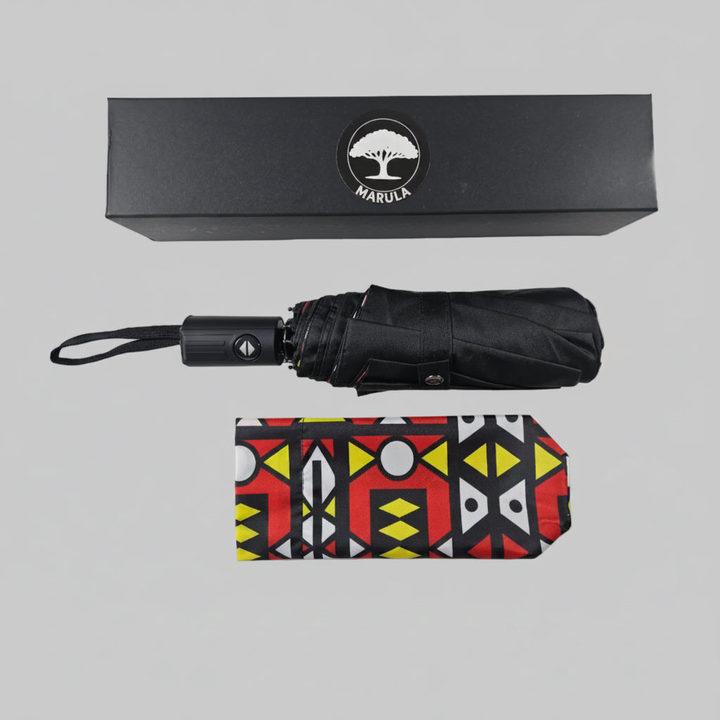 Black umbrella and patterned cover with Marula logo on a white background