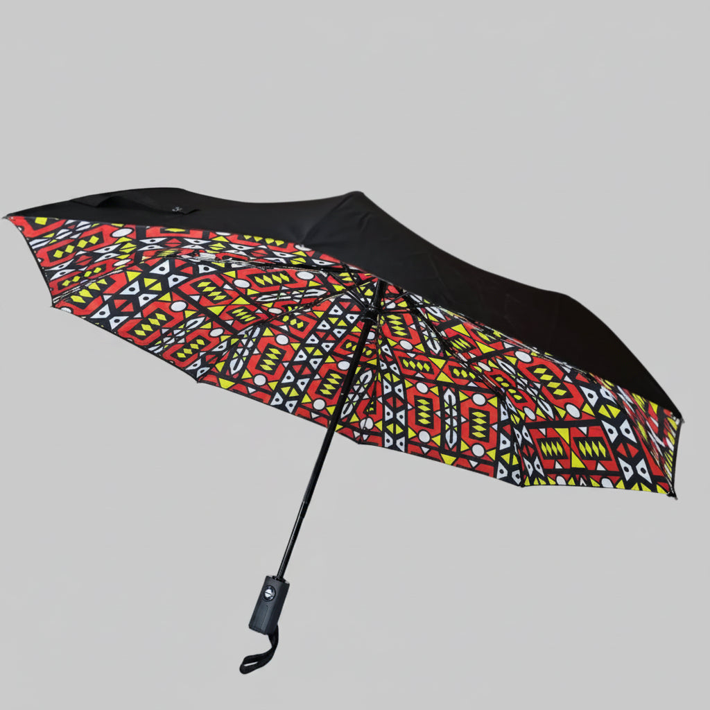 Umbrella with a colorful geometric pattern on a gray background